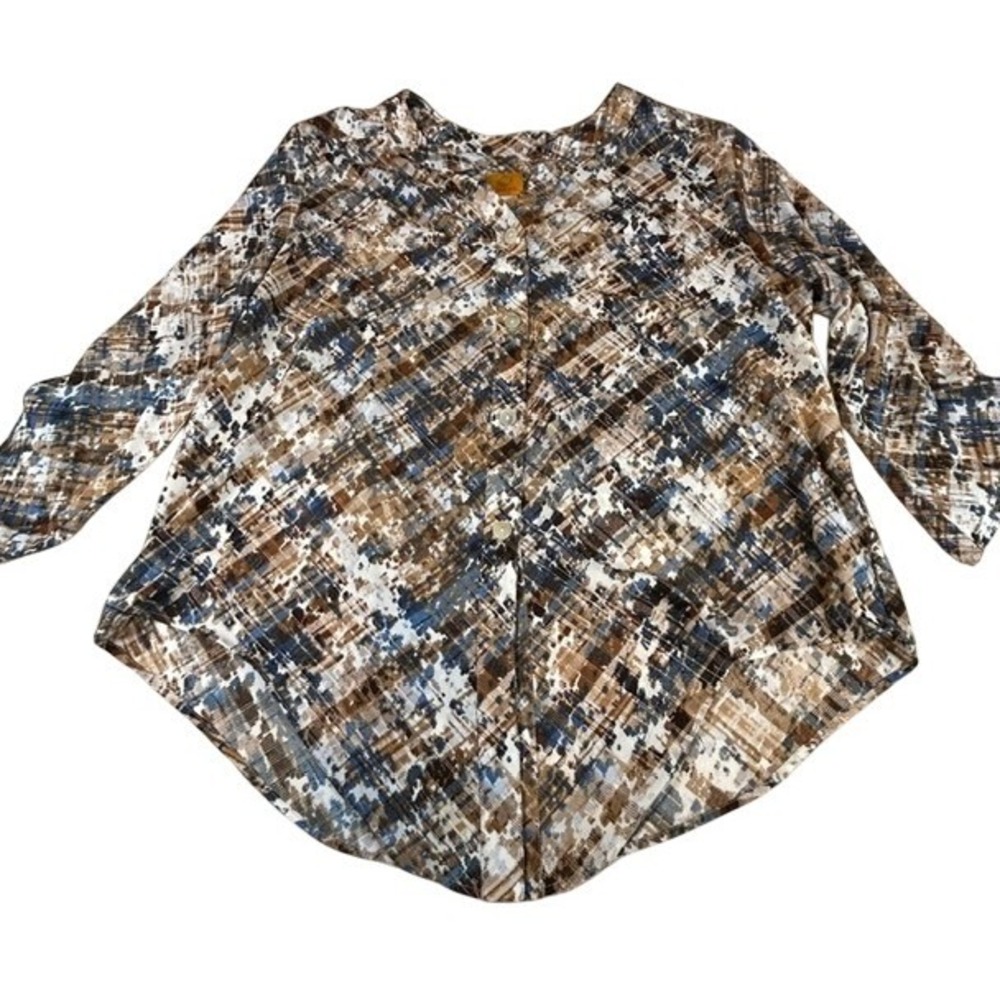 Ruby Rd. Women's Brown White Blue Tie Front‎ 3/4 Sleeve Button Up Blouse XL